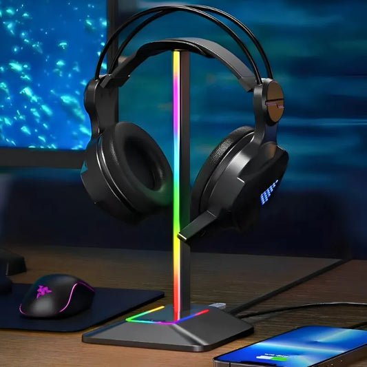 Suport de casti gaming cu RGB, 2xUSB si antiderapant, Disco-stand